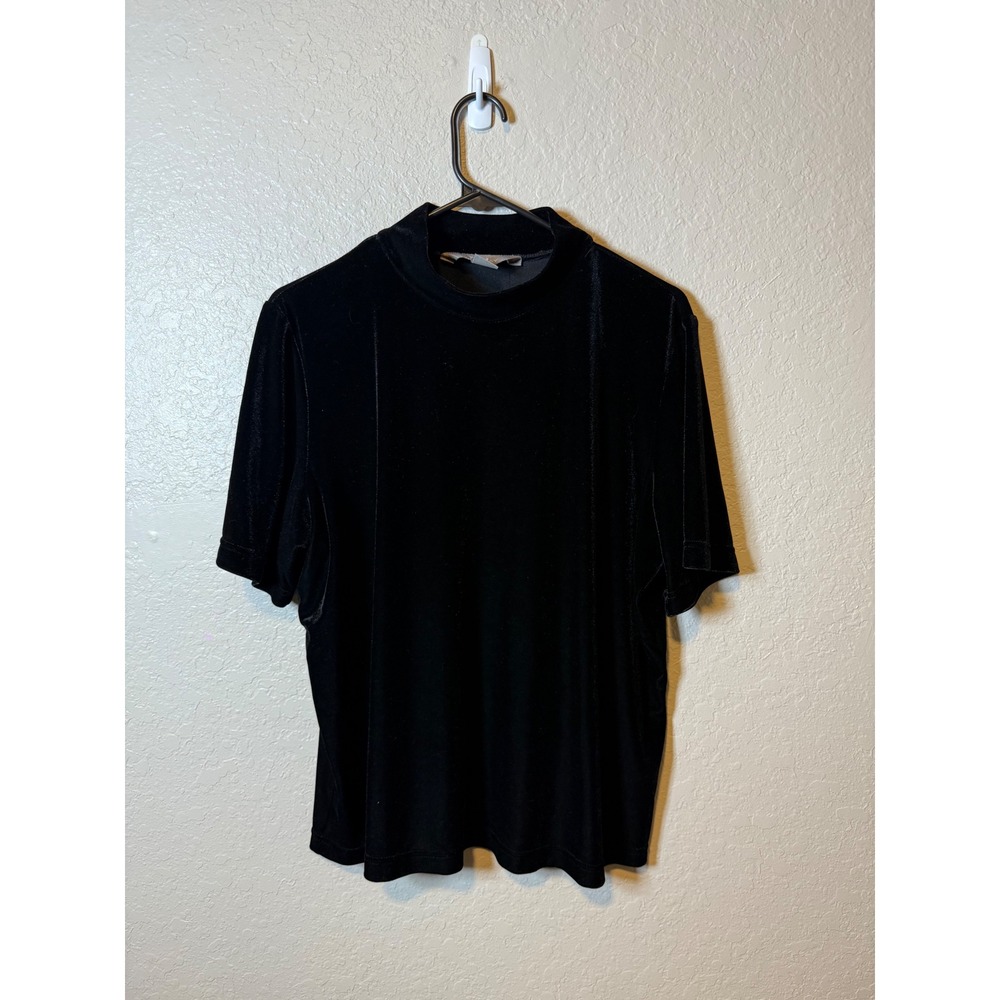 Black Velvet Mock Neck Top Short Sleeve Elegant Party Career Blouse